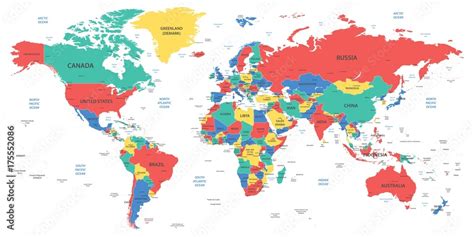 Fototapeta premium Szczegółowa mapa świata z granicami krajami i