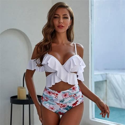 Maillot De Bain Bikini Fleuri Volants Pour Femmes Maillot Sexy Avec Lani Re Crois E Et