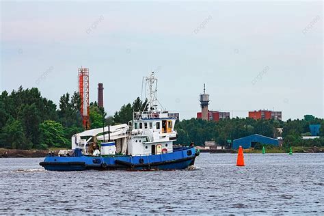 Blue Tug Ship Underway Craft Diesel Piloting Photo Background And