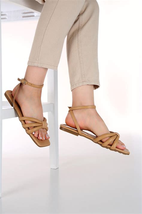 Kadın Bağlamalı Düz Sandalet NUDE CİLT