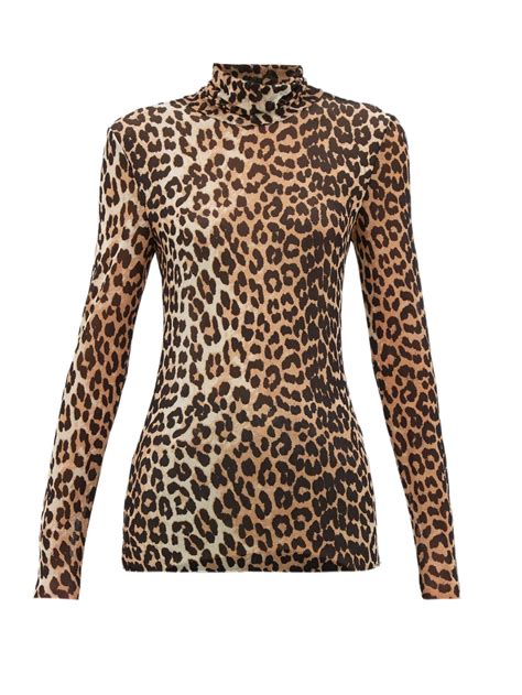 Ganni Leopard Print Roll Neck Mesh Top