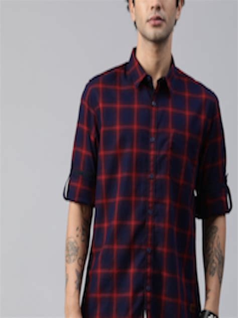 Buy Roadster Men Navy Blue Red Regular Fit Checked Casual Shirt