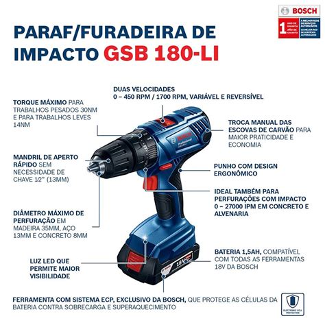 Combo 18V Bosch Parafusadeira E Furadeira De Impacto GSB 180 LI Chave