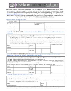 Fillable Online Supplementary Information Form For Admission In Sept