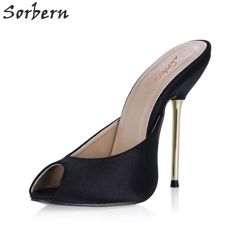 Sorbern Sexy Metal Gold Heels Women Slippers 12cm Stilettos Heeled Peep