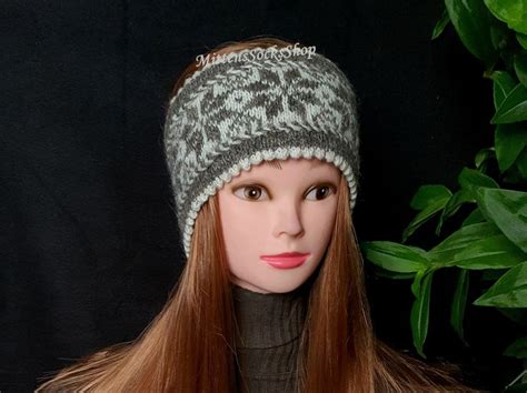 Hand Knit Fair Isle Headband Gray White Black Headband Knit Etsy