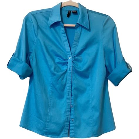 Nue Options Tops Nue Options Button Up Blue Roll Tab Sleeve Spandex Puckered Blouse Size