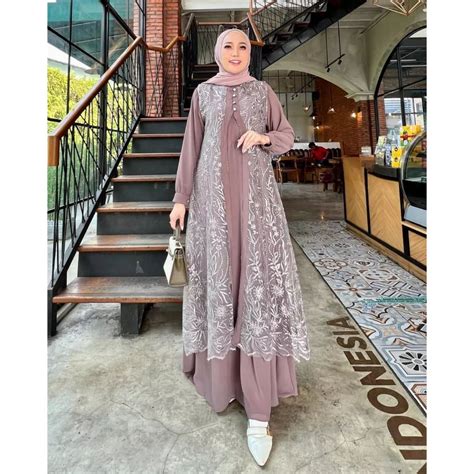 Jual Gamis Pesta Brukat Muslimah Model Terbaru Lebaran 2023 Warna Sage