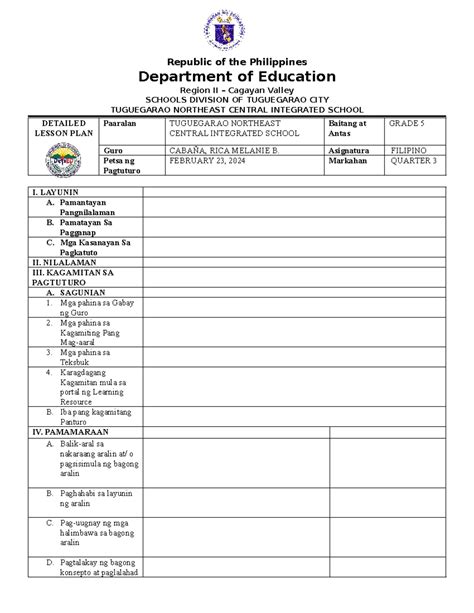 Dll Esp 5 Republic Of The Philippines Department Of Education Region Ii Cagayan Valley