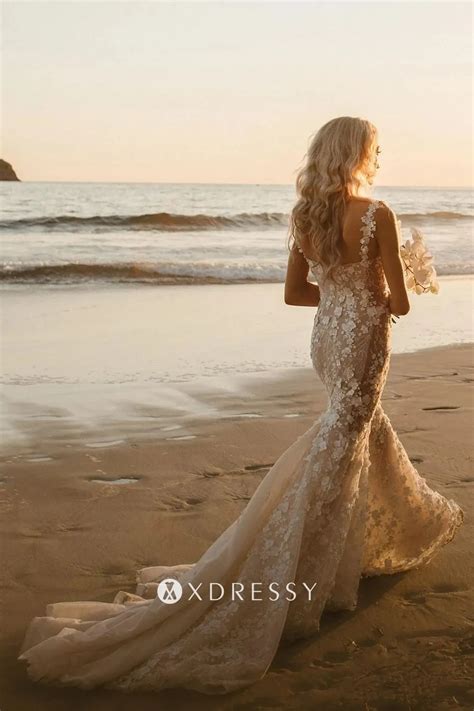 3d Floral Pattern Lace Sheer Beach Sexy Wedding Dress Xdressy