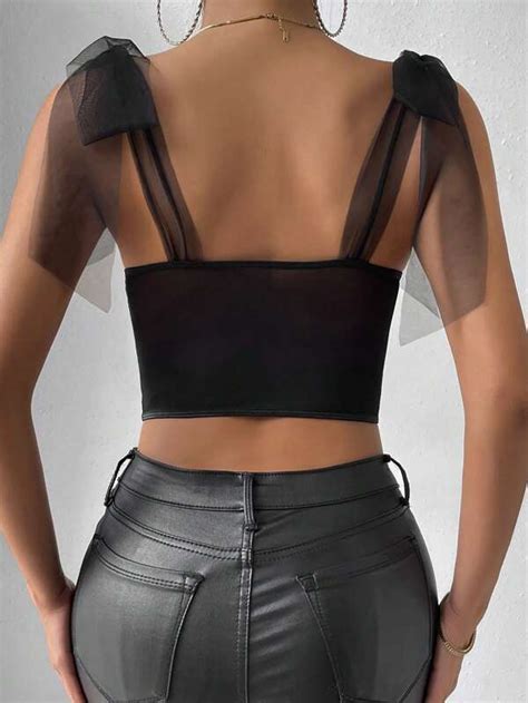 Shein Bae Top De Hombros Con Cordón Ribete Fruncido Bustier Con Encaje