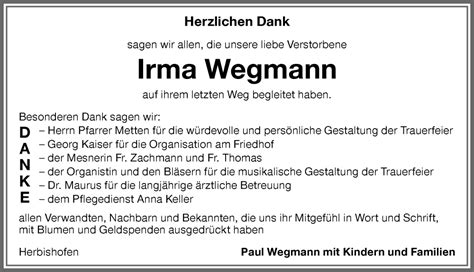 Traueranzeigen Von Irma Wegmann Allg Uer Zeitung