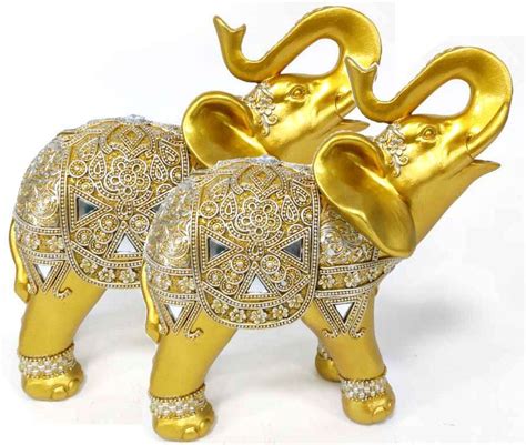 Set Of 2 Feng Shui 9 H Gold Color Elephants Statue With Trunk Facing Upwards Collectible