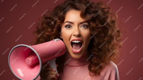 Premium Ai Image Araffe Woman With Curly Hair Holding A Pink Megaphone In Front Of Her Face