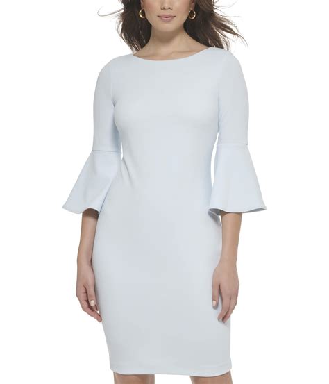 Calvin Klein Scuba Crepe Sheath Dress With Bell Sleeve In Blue Lyst