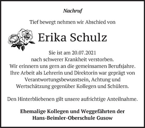 Traueranzeigen Von Erika Schulz M Rkische Onlinezeitung Trauerportal