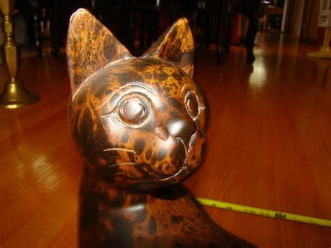 3 Large VINTAGE Hand Carved Wooden Cats Statue Figurine Single Piece