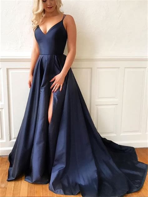 Morievent A Line V Neck Navy Blue Long Prom Dresses Navy Blue Long F In 2022 Navy Blue Prom