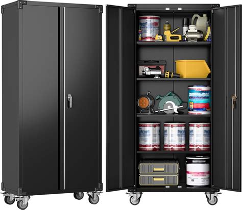 Supeer 72 Free Standing Black Metal Storage Cabinet With Wheels