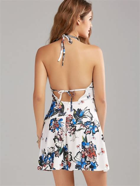 Backless Halter Neck Floral Mini Summer Dress Butterfly Print Dress