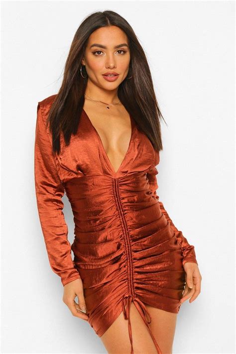 Satin Plunge Ruched Mini Dress Bodycon Fashion Mini Dress Dress