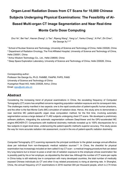 Pdf Organ Level Radiation Doses From Ct Scans For 10000 Chinese