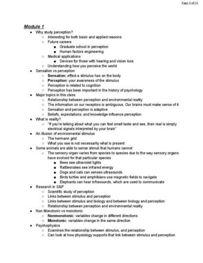 Sensation And Perception PSH 352 Lecture Notes StudyLast