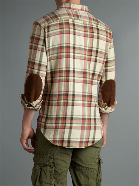 Polo Ralph Lauren Long Sleeved Elbow Patch Plaid Shirt In Natural For Men Lyst