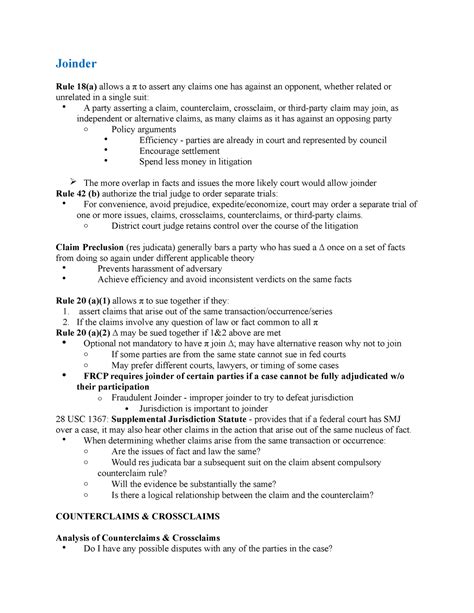 Civil Procedure Law Outline 3 Joinder Rule 18a Allows A π To