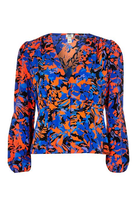 River Island Blouse Met All Over Print Blauworanjezwart Wehkamp