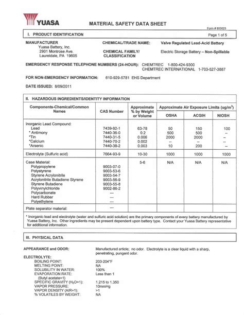 Pdf Yuasa Material Safety Data Sheet Form Page Of