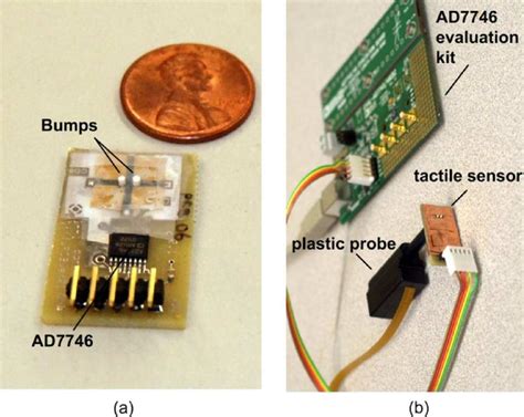 (a) Fabricated tactile sensor. (b) Tactile sensor attached on a plastic ...