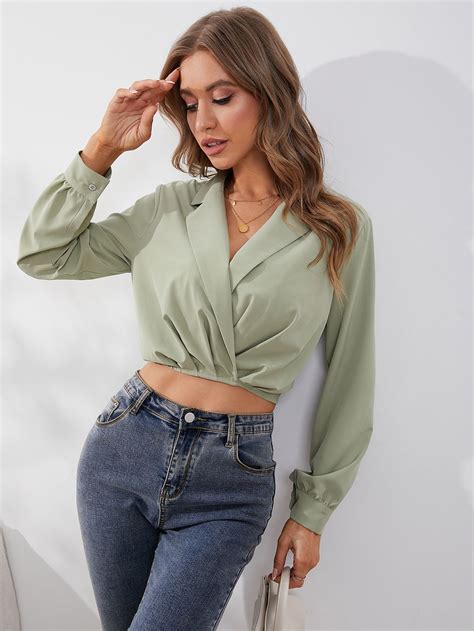 Lapel Collar Plicated Detail Crop Blouse Fashion Blouse Design Crop