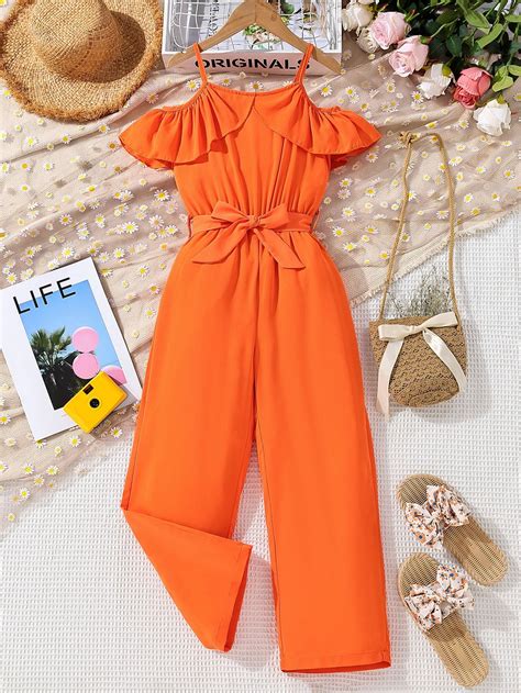 Orange Cute Collar Short Sleeve Fabric Plain Shirt Embellished Non Stretch Girls Clothing Belt