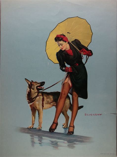 Lithograph Of Lady With Umbrella And Dog By Elvgren C 1940s Shepherd