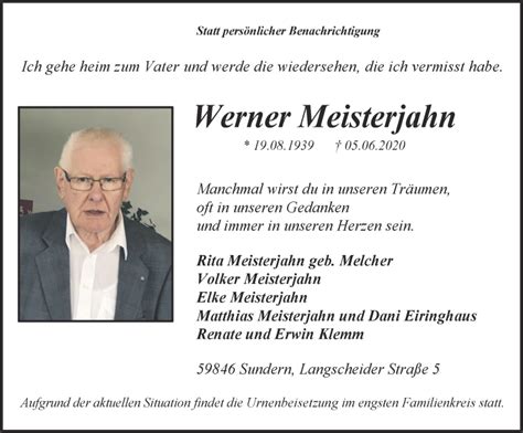 Traueranzeigen Von Werner Meisterjahn Trauer In Nrw De