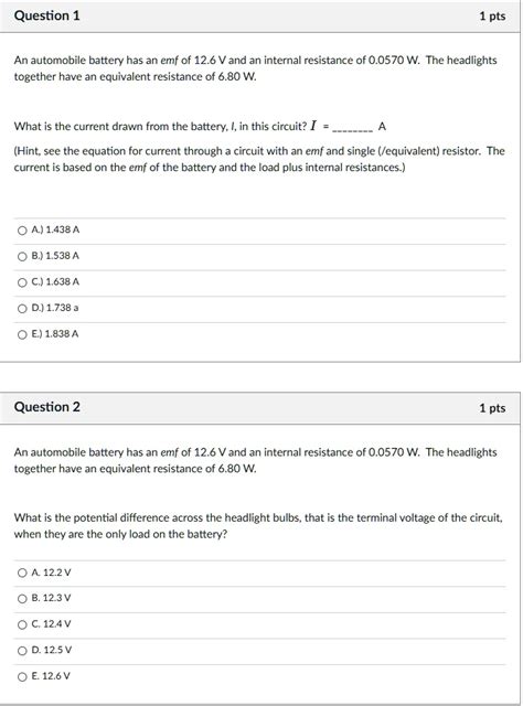 Solved An Automobile Battery Has An Emf Of V And An Internal