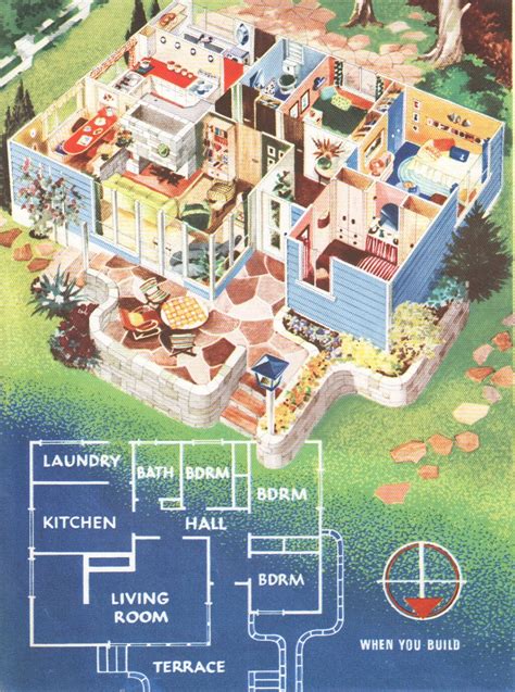 Mid Century House Plan 1950s House Drawings Floor Plan Vintage