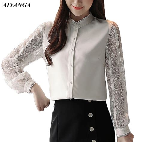 New Female White Blusas Lace Hollow Out Long Sleeve Blouses Elegant