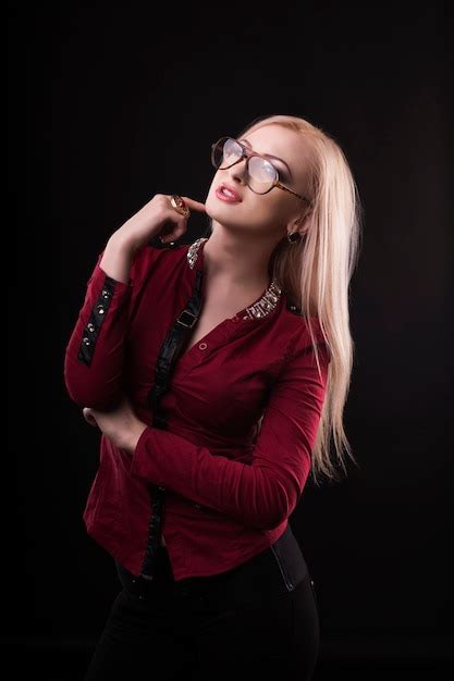 Premium Photo Glorious Blonde Model Wearing Glasses And Dressed In