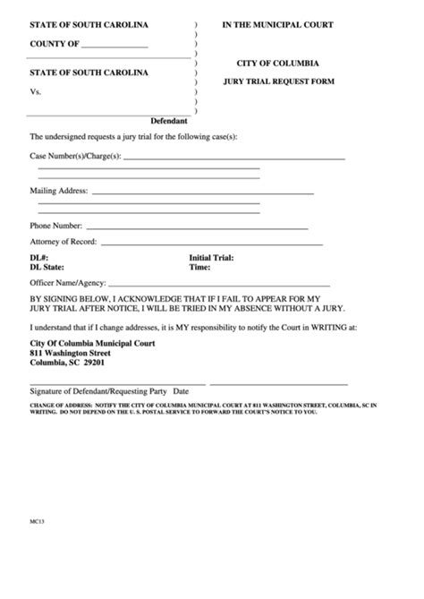 Jury Trial Request Form The City Of Columbia Printable Pdf Download