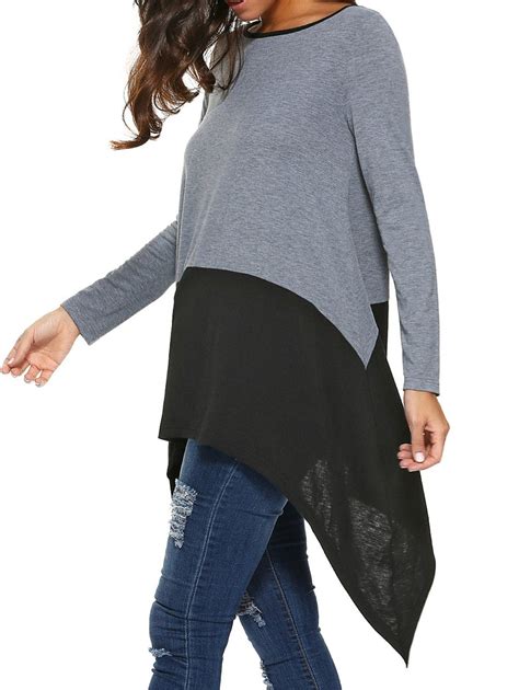 2018 Long Sleeve Asymmetrical Blouse In Black Grey Xl Rosegal