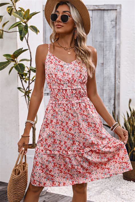 Floral Print V Neck Stringy Selvedge Casual Dress Beachsissi