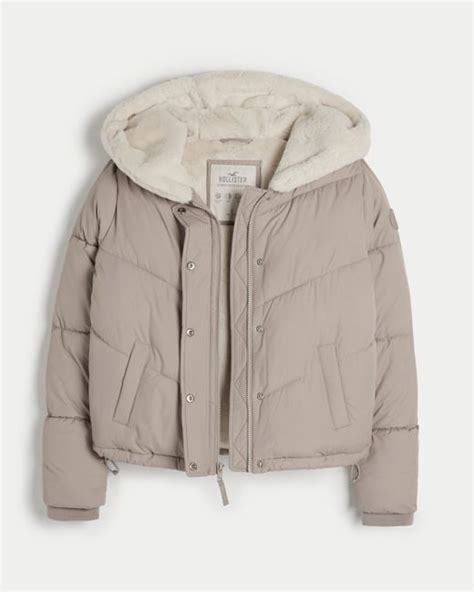 Hollister Ultimate Faux Fur Lined Hooded Puffer Jacket In Grey Lyst Uk