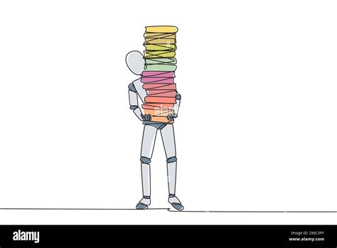 Continuous One Line Drawing Robot Carrying Tall Stack Of Books Covering