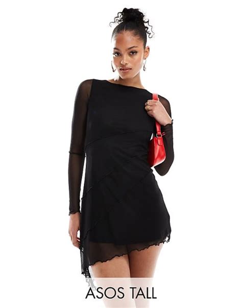 Asos Design Tall Mesh Asymmetric Hem Mini Dress With Diagonal Seam Detailing In Black Asos