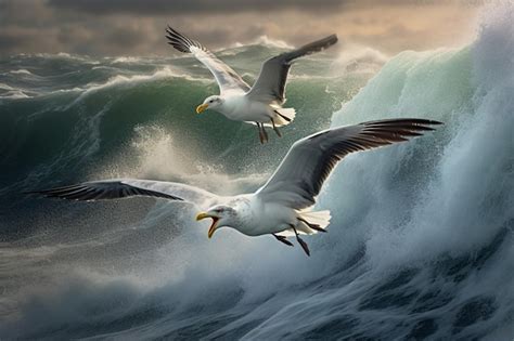 Premium Ai Image Two Seagulls Flying Over A Wave With The Words