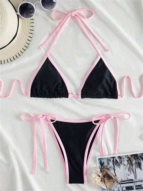 Shein Swim Y Glam Contrast Binding Triangle Thong Bikini Swimsuit