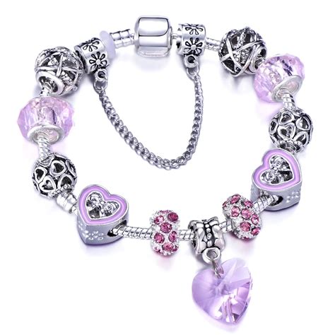 Queen Jewelry Love Heart Charm Bracelet with Pink Crystal Glass Beads ...