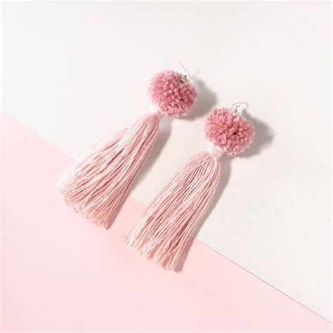 Pastel Earrings Dusty Pink Tassle Earrings Blush Pink Tassel Etsy Uk Pom Pom Earrings Pink